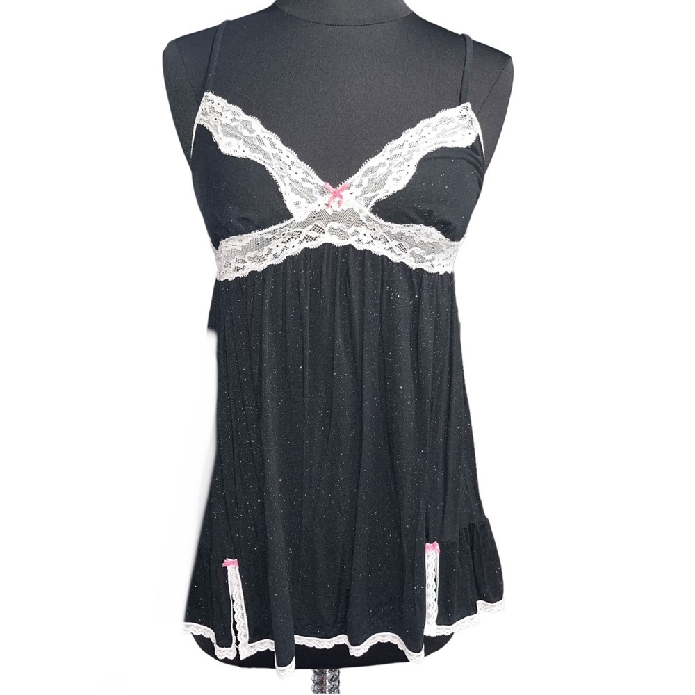 Victoria’s Secret Black Glitter Baby Doll Chemise Nightie Night Gown size Medium